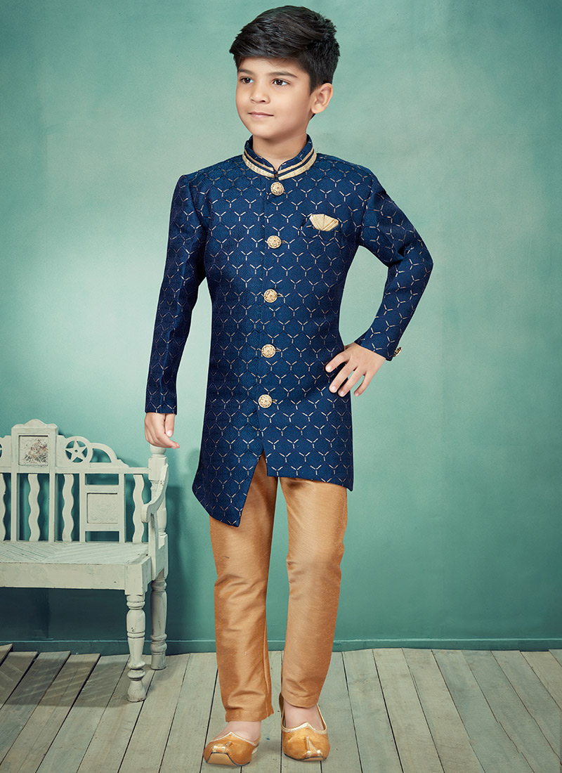 Navy Blue Art Silk Jacquard Indowestern Sherwani Party Wear