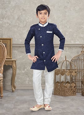 Navy Blue Art Silk Jacquard Indowestern Sherwani