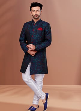 Navy Blue Art Silk Jacquard N Printed Indowestern Sherwani