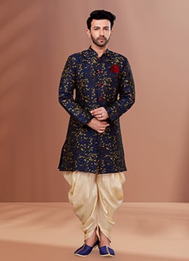 Navy Blue Art Silk Jacquard N Printed Indowestern Sherwani