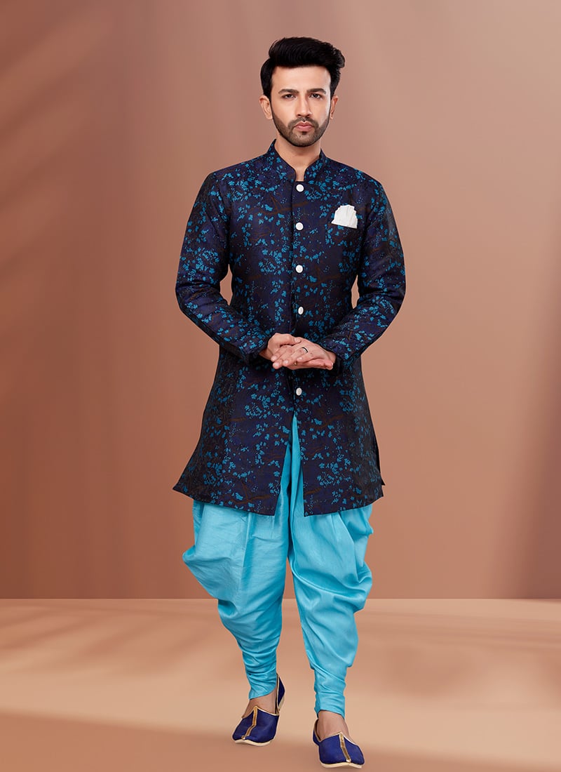 Navy Blue Art Silk Jacquard N Printed Indowestern Sherwani