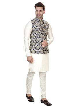 Navy Blue Art Silk Jacquard Nehru Jacket