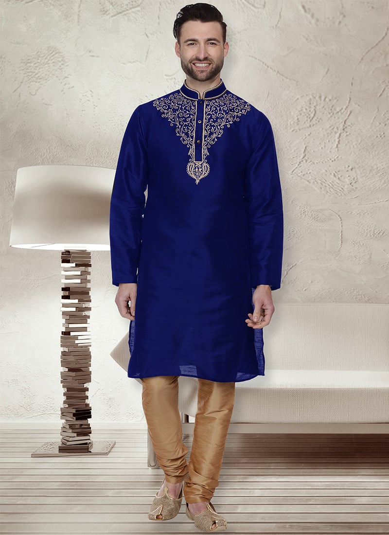 Navy Blue Art Silk Kurta Pyjama Party Wear