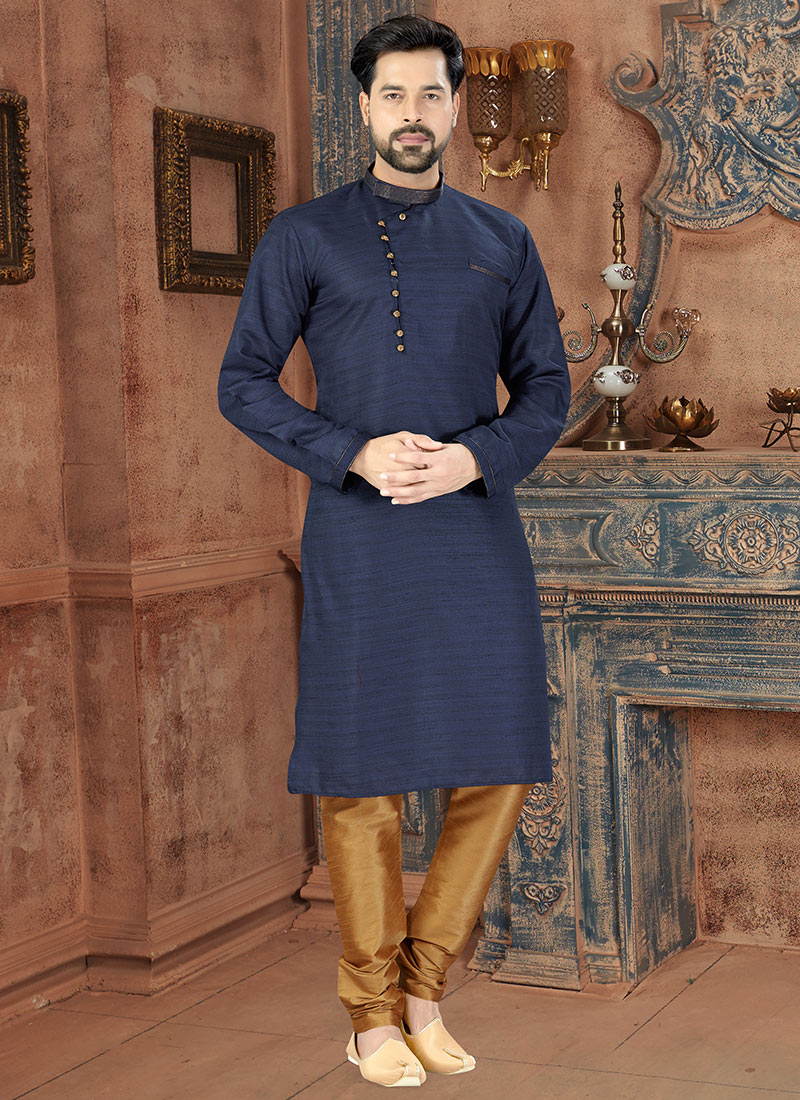 Navy Blue Art Silk Kurta Pyjama Party Wear