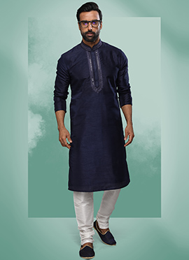 Navy Blue Art Silk Machine Work Kurta Pyjama