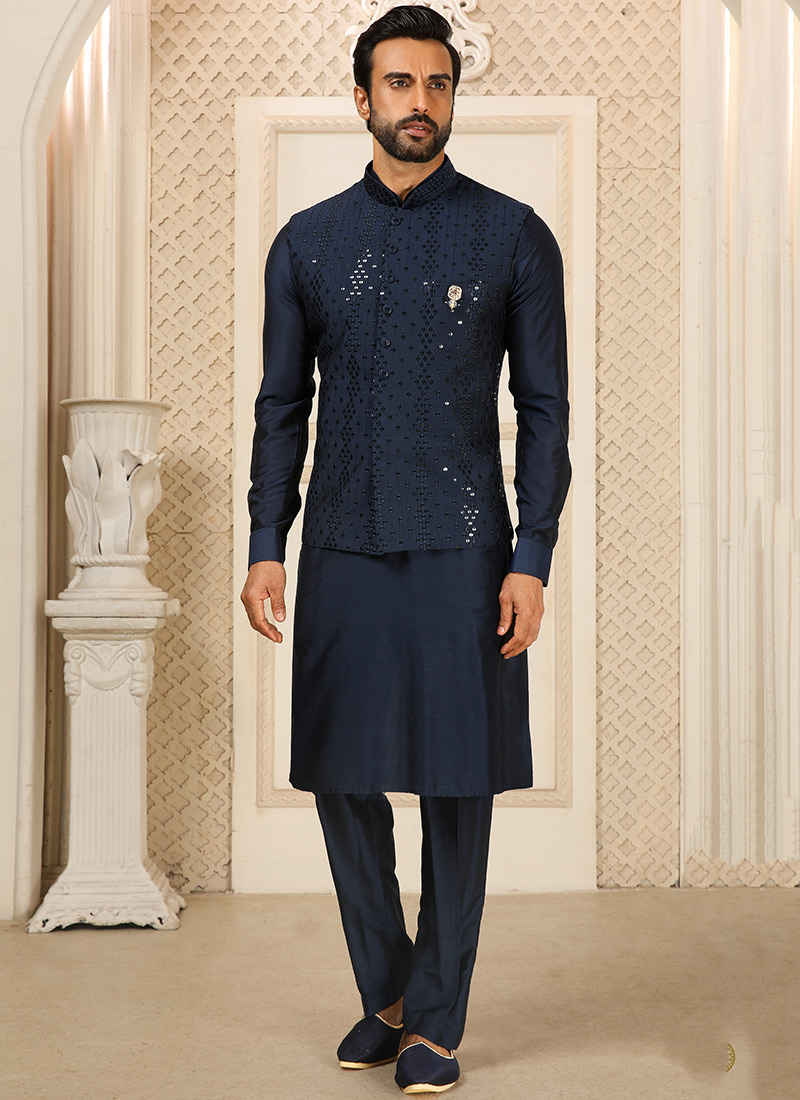 Navy Blue Art Silk Mirror Work Bandi Set Party Wear