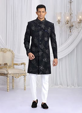 Navy Blue Art Silk Sequins Embroidered Zari Zardosi Indowestern Sherwani