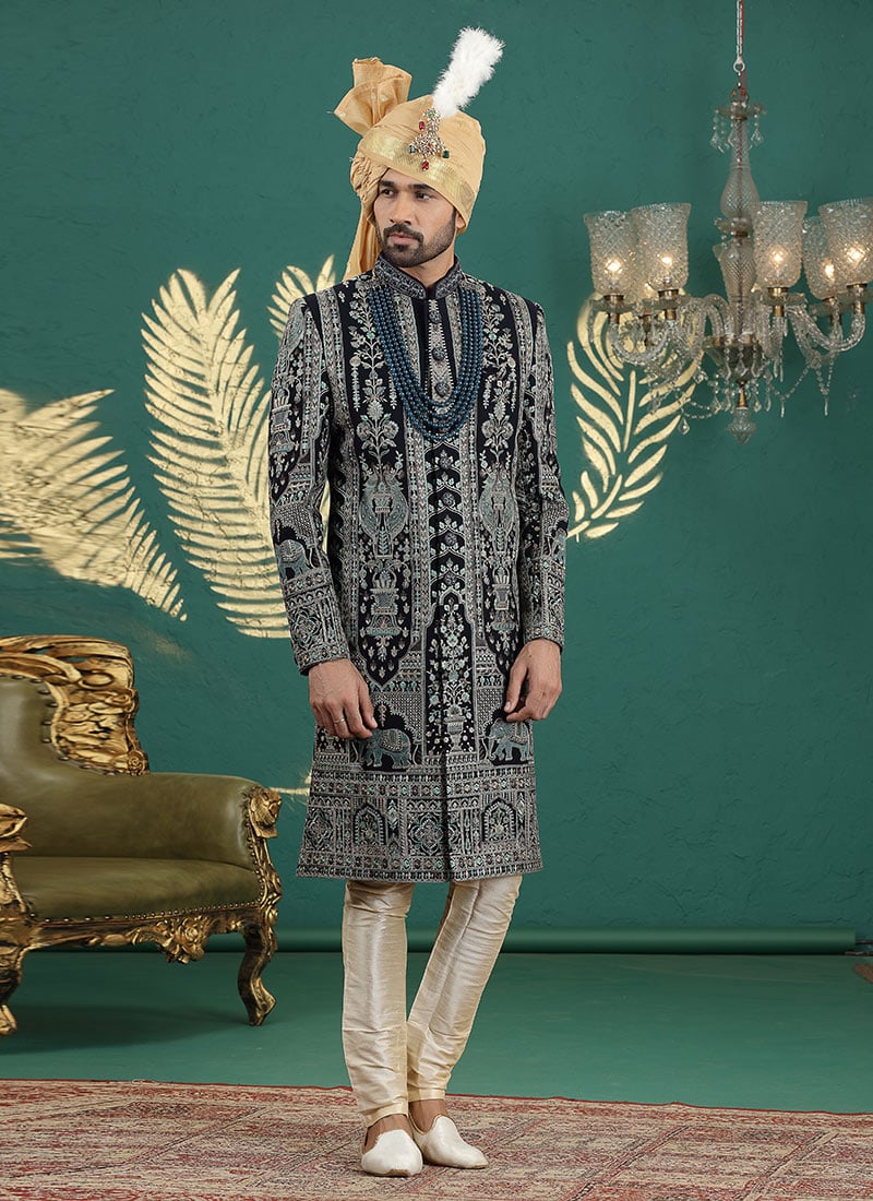 Navy Blue Art Silk Sequins Thread Hand Embroidered Indowestern Sherwani Wedding Wear