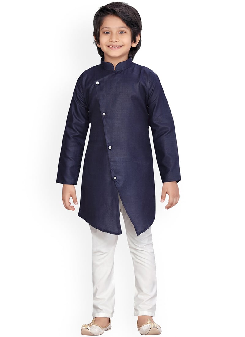 Navy Blue Art Silk Soild Stitched Kurta Pyjama