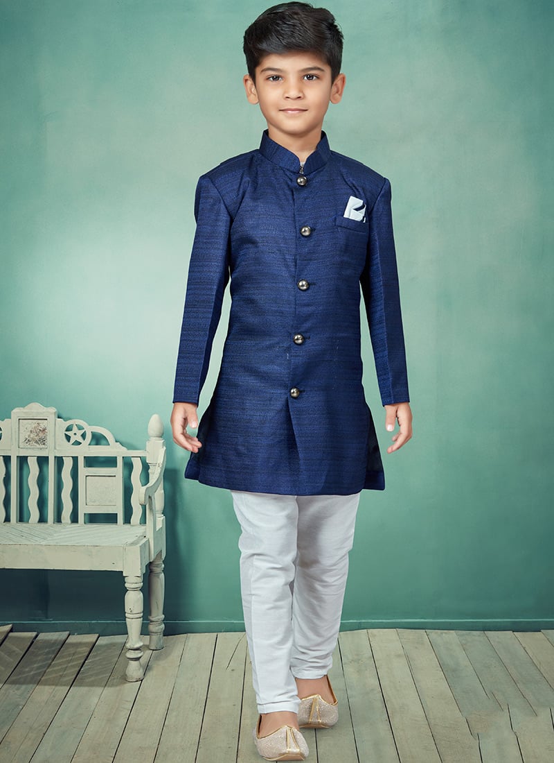 Navy Blue Art Silk Solid Stitched Indowestern Sherwani Party Wear