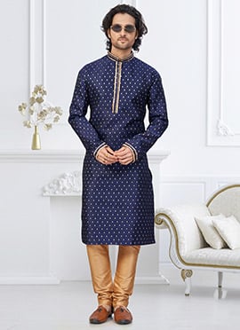 Navy Blue Banarasi Jacquard Silk Kurta Pyjama