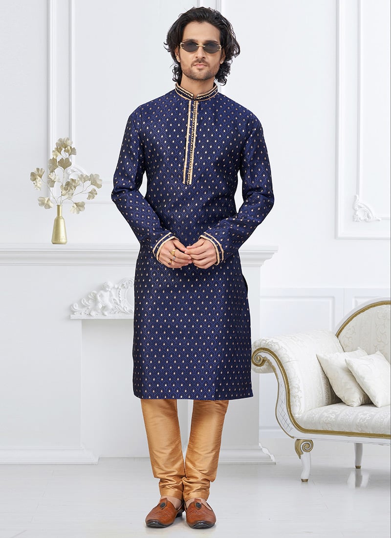 Navy Blue Banarasi Jacquard Silk Kurta Pyjama Festive Wear