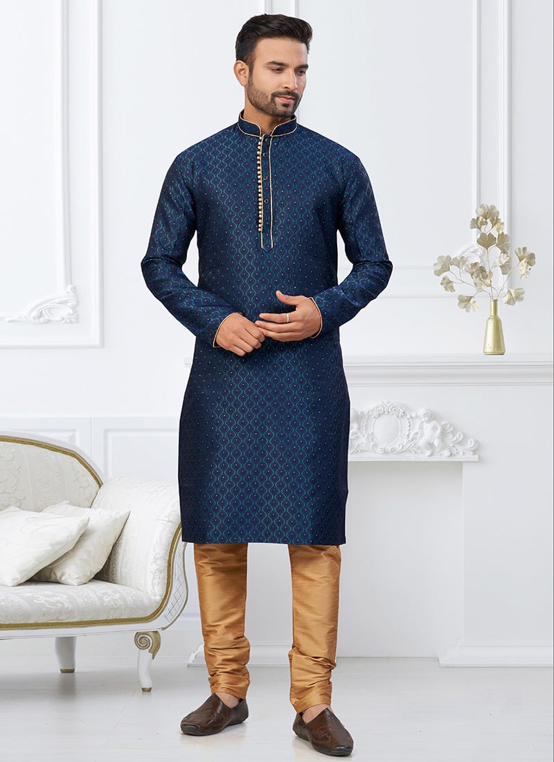 Navy Blue Banarasi Jacquard Silk Kurta Pyjama Festive Wear