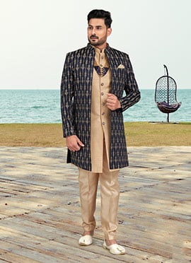 Navy Blue Banarasi Silk Embroidered Indowestern Sherwani