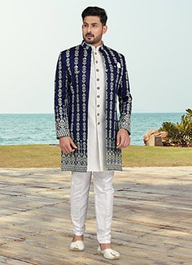 Navy Blue Banarasi Silk Embroidered Indowestern Sherwani