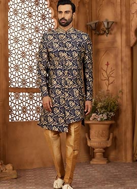 Navy Blue Banarasi Silk Embroidered Indowestern Sherwani