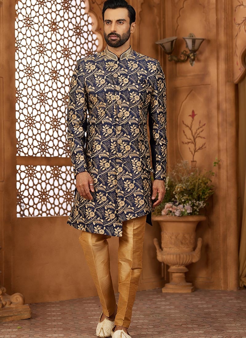 Navy Blue Banarasi Silk Embroidered Indowestern Sherwani Wedding Wear