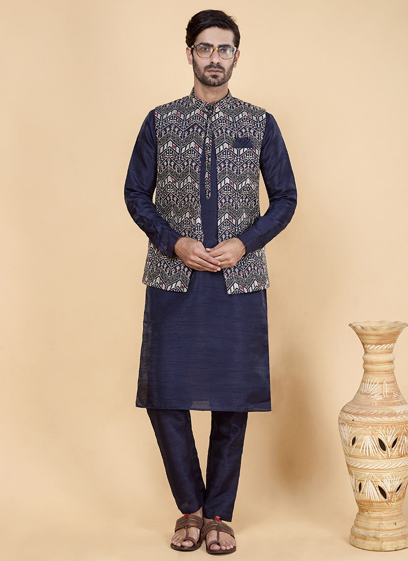 Navy Blue Banarasi Silk Embroidered Sequins Bandi Set Festive Wear