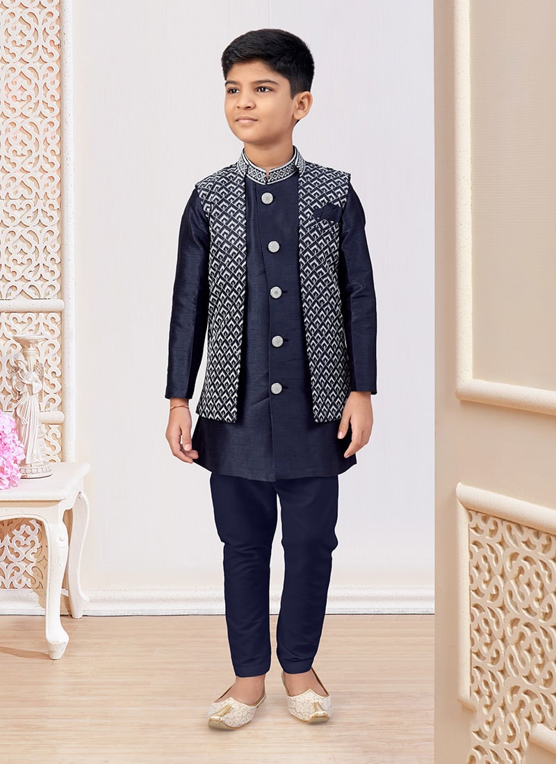 Navy Blue Banarasi Silk Embroidered Sequins Boys Indowestern Sherwani  Wedding Wear