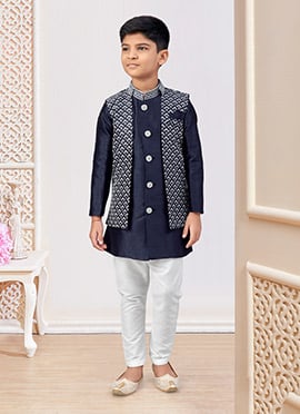 Navy Blue Banarasi Silk Embroidered Sequins Boys Indowestern Sherwani