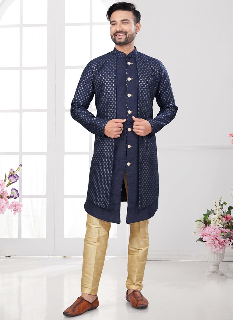 Navy Blue Banarasi Silk Embroidered Sequins Indowestern Sherwani Wedding Wear