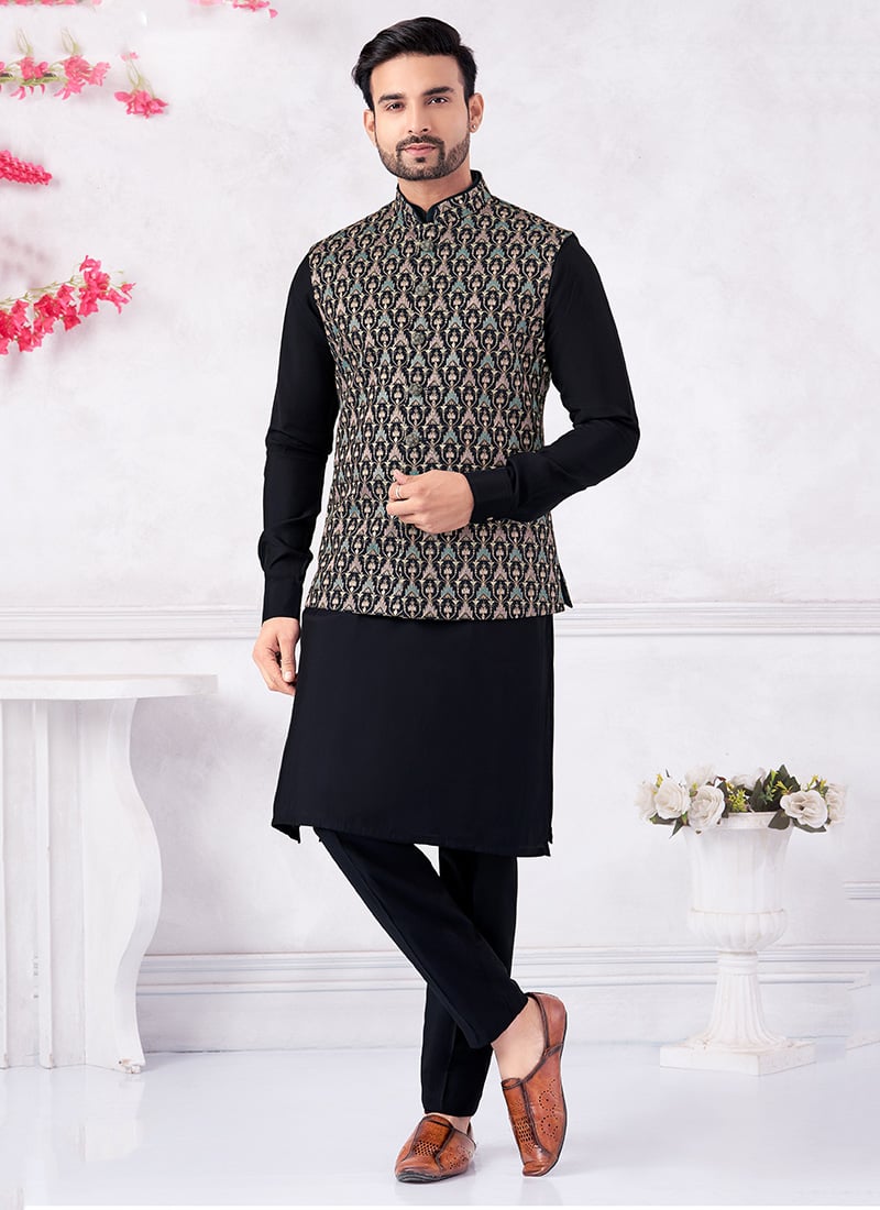 Navy Blue Banarasi Silk Embroidered Sequins Thread Bandi Set Festive Wear