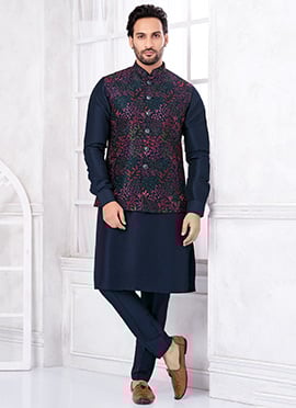 Navy Blue Banarasi Silk Embroidered Sequins Thread Bandi Set