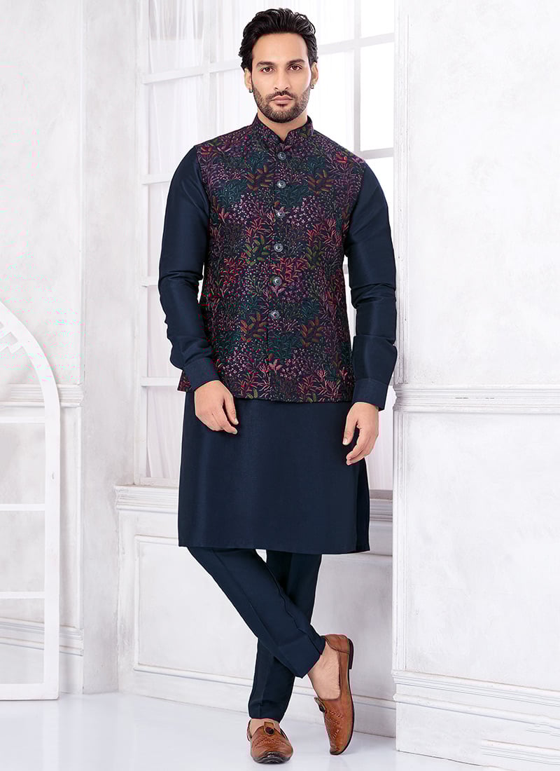 Navy Blue Banarasi Silk Embroidered Sequins Thread Bandi Set Festive Wear