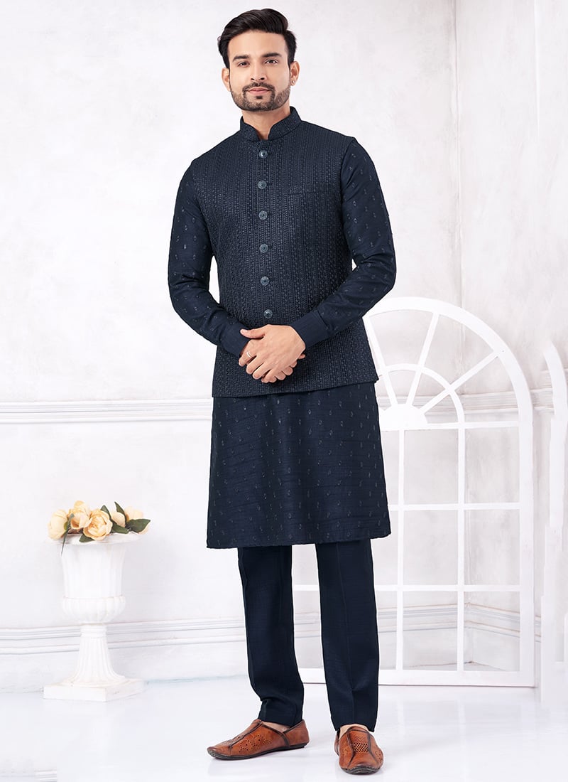 Navy Blue Banarasi Silk Embroidered Sequins Thread Bandi Set Festive Wear