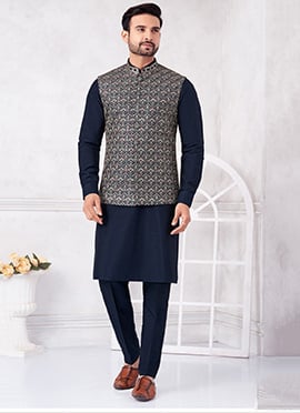 Navy Blue Banarasi Silk Embroidered Sequins Thread Bandi Set