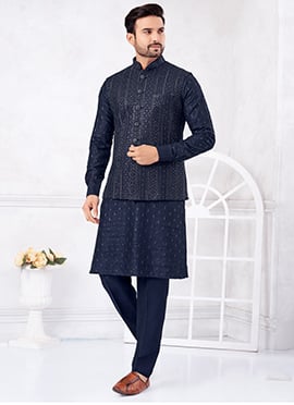 Navy Blue Banarasi Silk Embroidered Sequins Thread Bandi Set