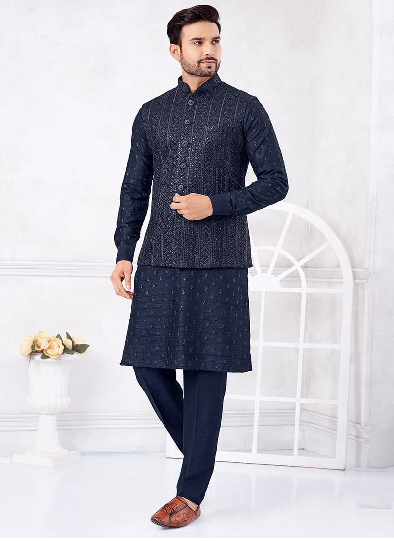 Navy Blue Banarasi Silk Embroidered Sequins Thread Bandi Set Festive Wear