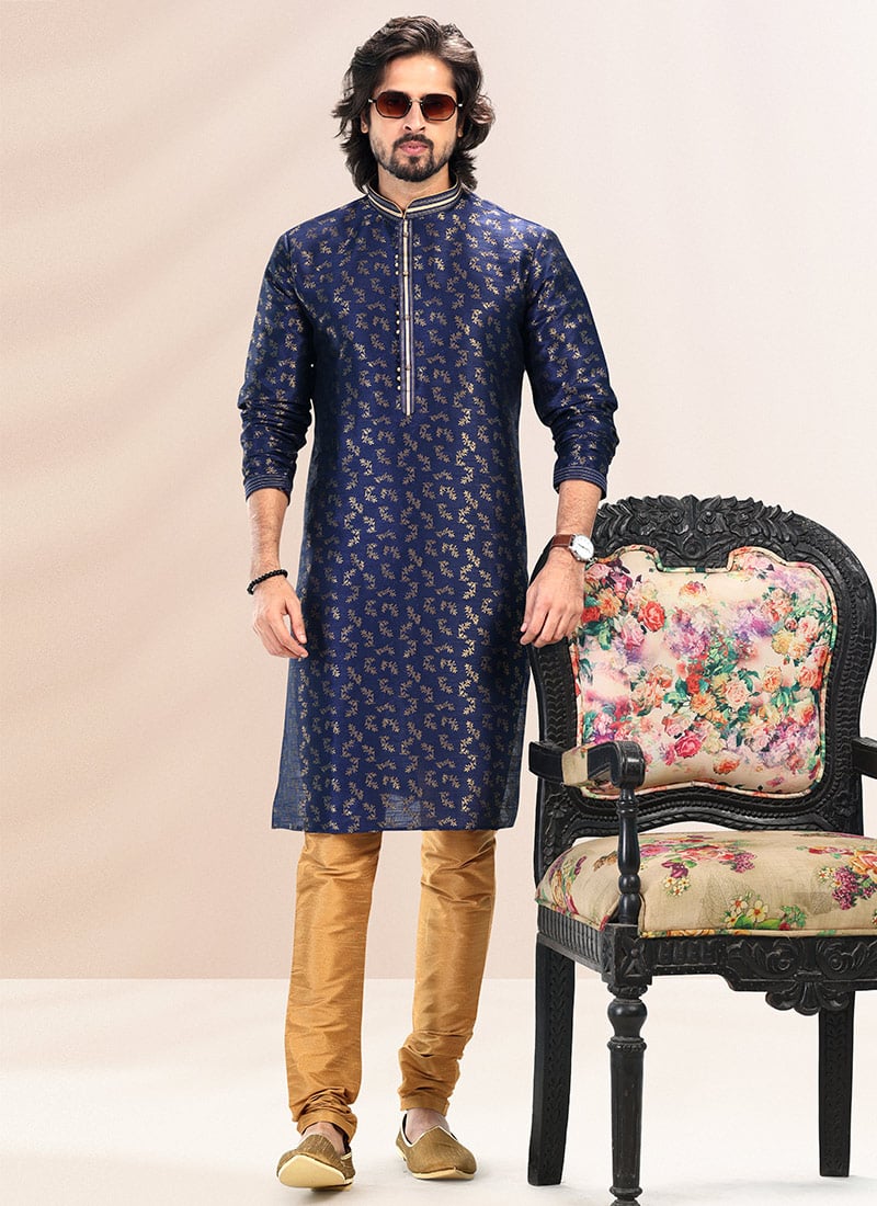 Navy Blue Banarasi Silk Jacquard Work Kurta Pyjama Party Wear