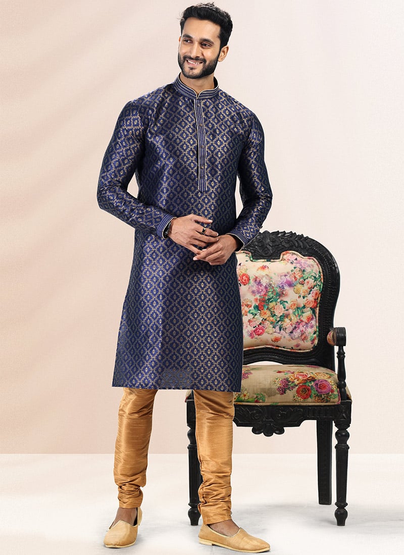 Navy Blue Banarasi Silk Jacquard Work Kurta Pyjama Party Wear
