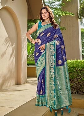 Navy Blue Banarasi Silk Jacquard Woven Saree