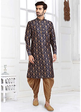 Navy Blue Banarasi Silk Printed Kurta Pyjama