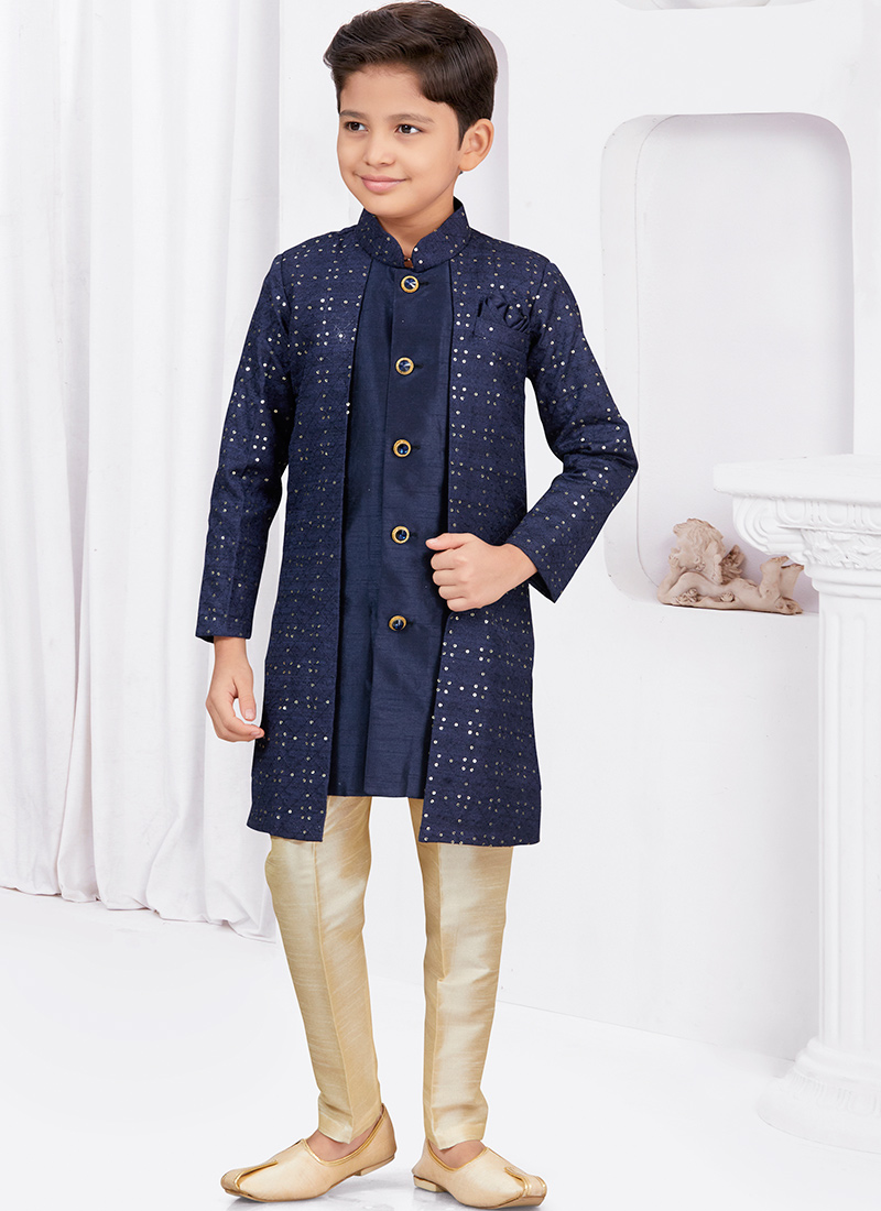 Navy Blue Banarasi Silk Sequins Indowestern Sherwani For Boys A Modern Twist Wedding Wear