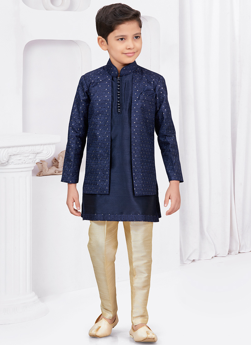 Navy Blue Banarasi Silk Sequins Indowestern Sherwani For Little Fashion Wedding Wear