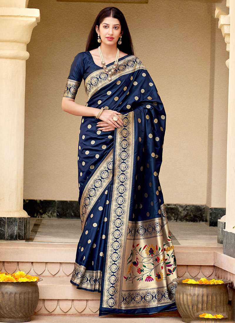 Navy Blue Banarasi Silk Weaving Saree