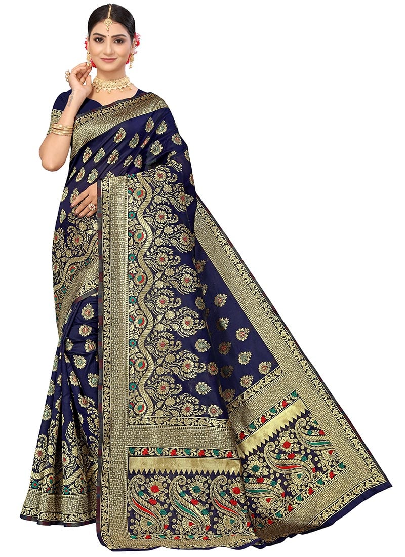 Navy Blue Banarasi Silk Weaving Work Saree Festive Wear