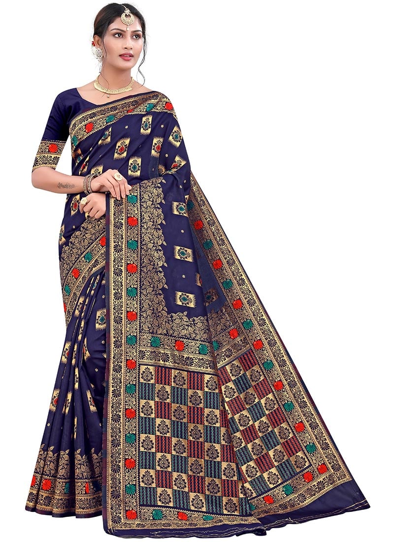 Navy Blue Banarasi Silk Weaving Work Saree Festive Wear