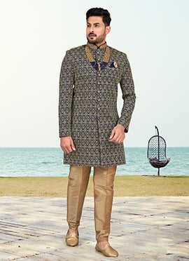 Navy Blue Banarasi Silk Zari Embroidered Indowestern Sherwani