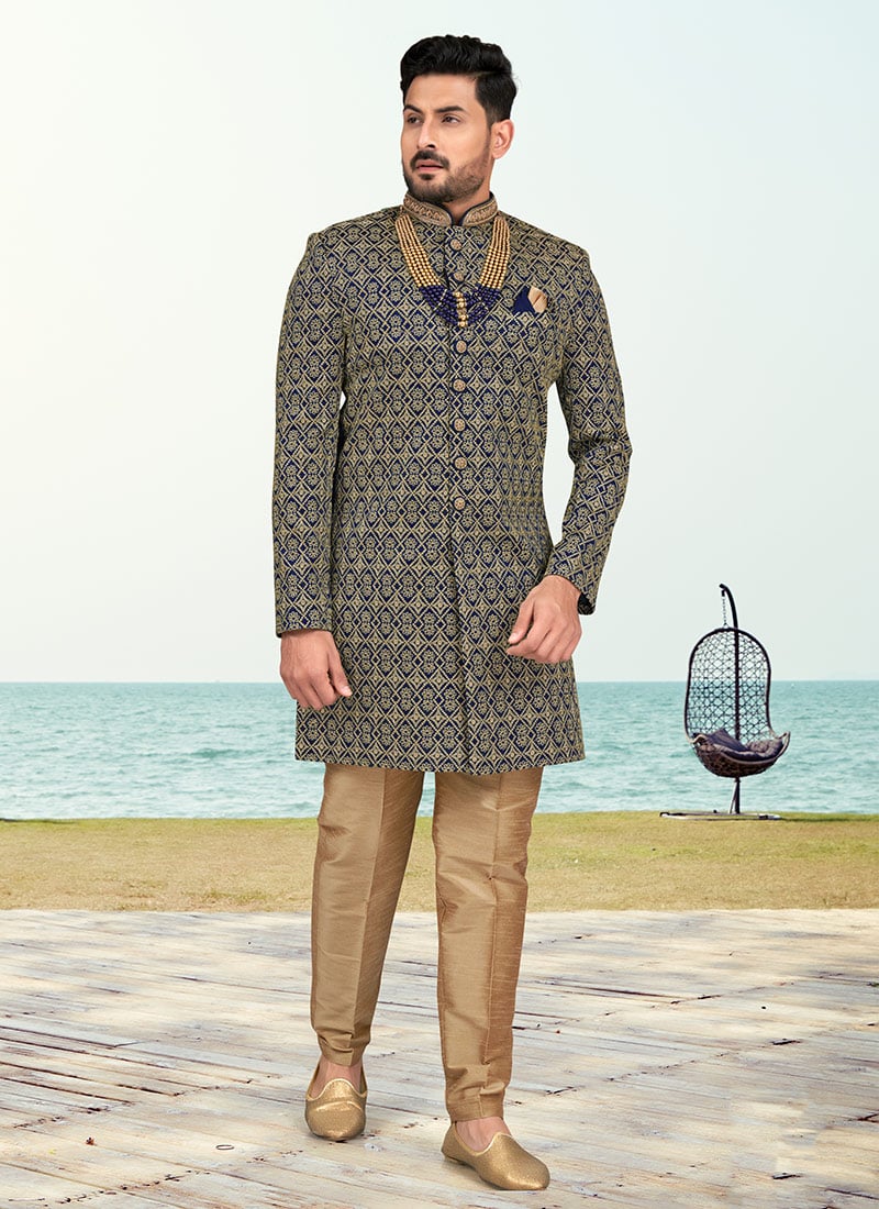 Navy Blue Banarasi Silk Zari Embroidered Indowestern Sherwani Wedding Wear