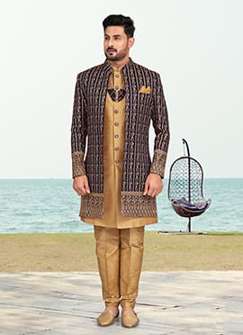 Navy Blue Banarasi Silk Zari Embroidered Indowestern Sherwani