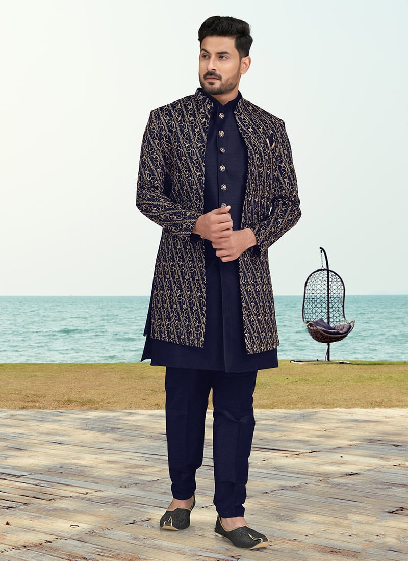 Navy Blue Banarasi Silk Zari Embroidered Indowestern Sherwani Wedding Wear