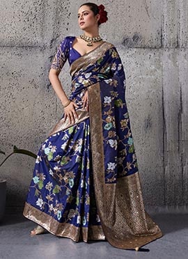 Navy Blue Banarasi Silk Zari Jacquard And Embroidered Sequins With Beads Work Saree