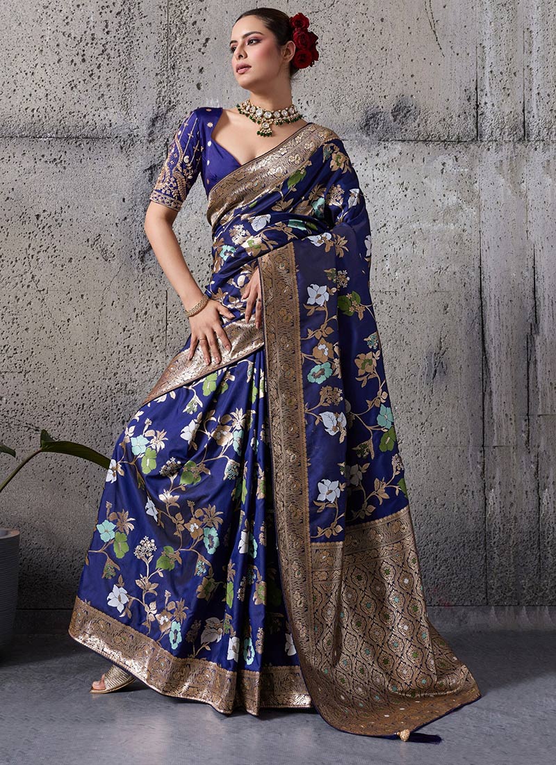 Navy Blue Banarasi Silk Zari Jacquard And Embroidered Sequins With Beads Work Saree Festive Wear