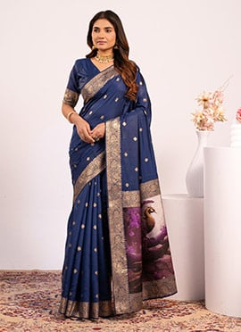 Navy Blue Banarasi Silk Zari Resham Woven Saree