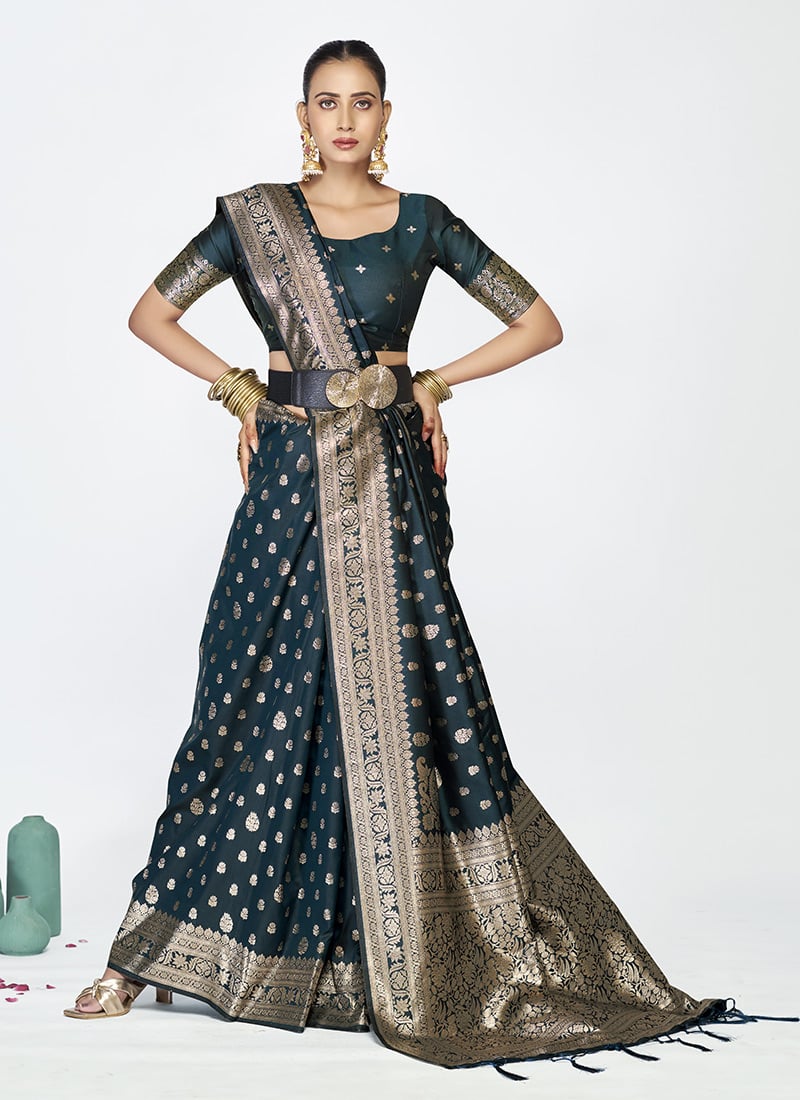 Navy Blue Banarasi Silk Zari Woven Gorgeous Saree Festive Wear