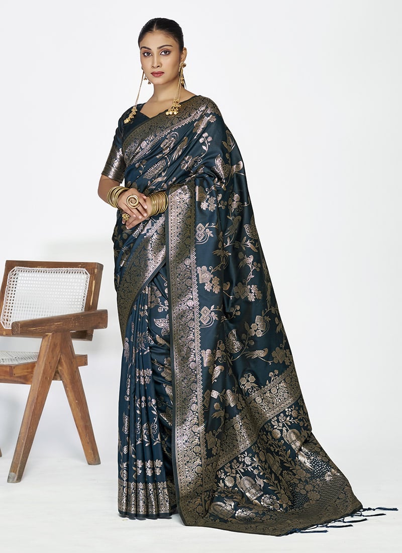 Navy Blue Banarasi Silk Zari Woven Saree Festive Wear